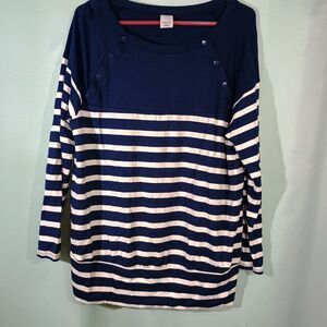 Navy White Striped Long Sleeve Top Button Detail Casual Nautical Shirt